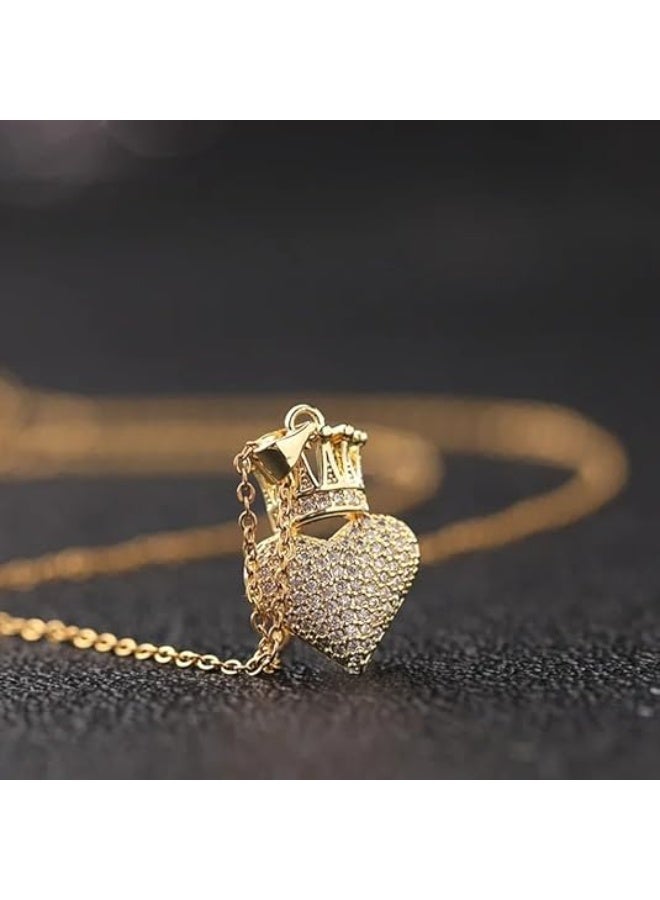 14K Yellow Gold Heart Crown Necklace - 14K Yellow Gold Royal Charm Crown Necklace with Chain for Women - Image 3